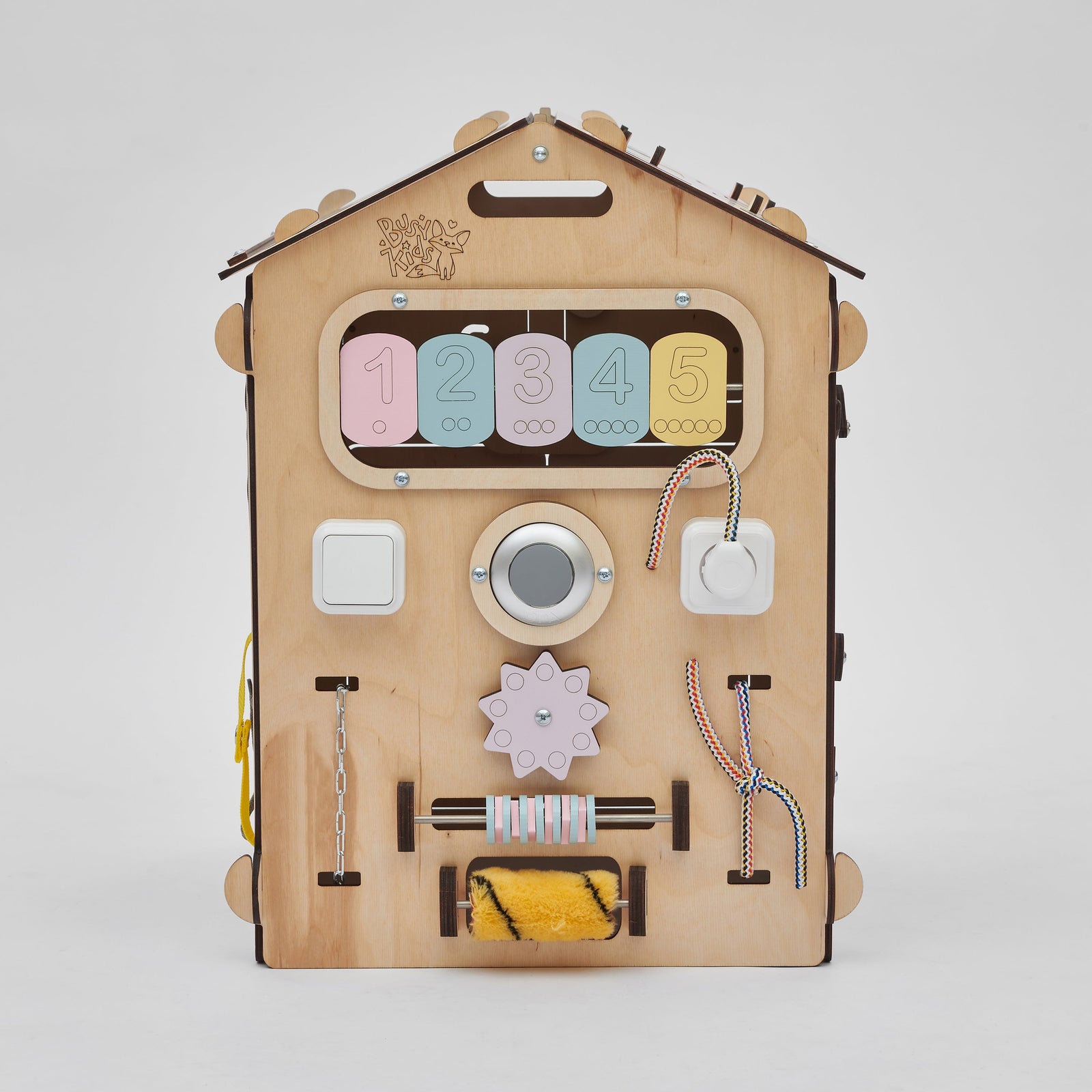 Ensemble BusyKids – Maisonnette Busy Board naturel/pastel avec cube créatif