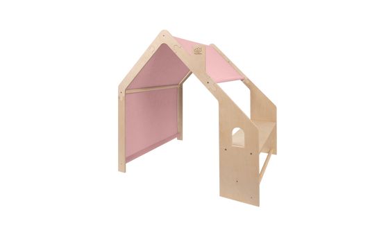 houten speelhuisje naturel met roze dak voor kinderkamer