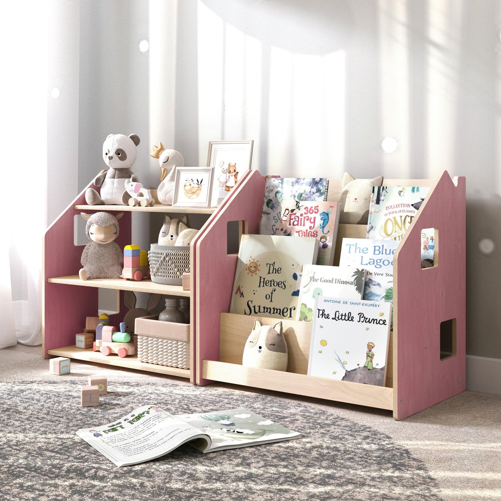 BusyKids boekenkast en speelgoedrek set – zachtblauw/roze