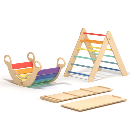 BusyKids Pikler groot set – driehoek, 2 planken & balanswip – regenboog