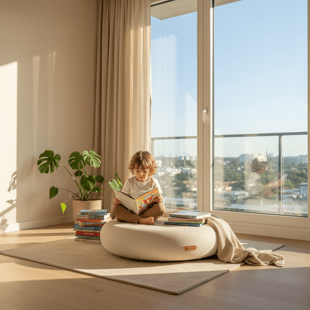 beige Jupiduu kindertrampoline voor binnen in woonkamer