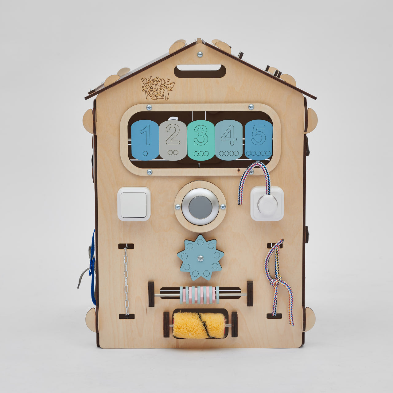 BusyKids set – Busy Board speelhuisje naturel/mint met creatieve kubus