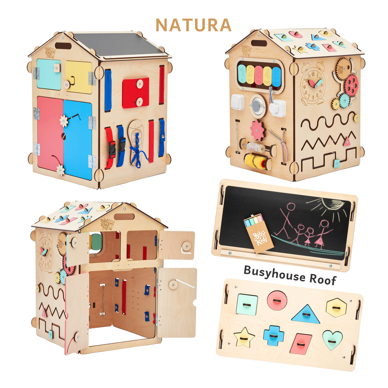BusyKids set – Busy Board speelhuisje naturel met creatieve kubus