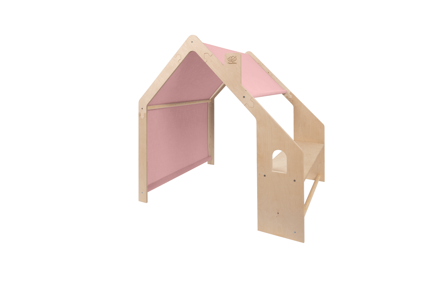 houten speelhuisje naturel met roze dak voor kinderkamer