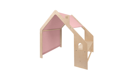 houten speelhuisje naturel met roze dak voor kinderkamer