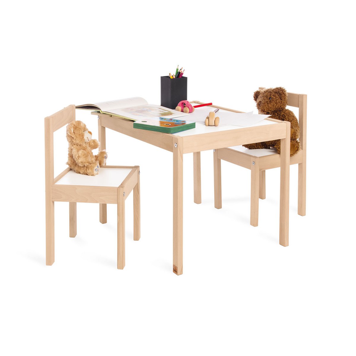 3-delige houten kindertafel met twee stoelen