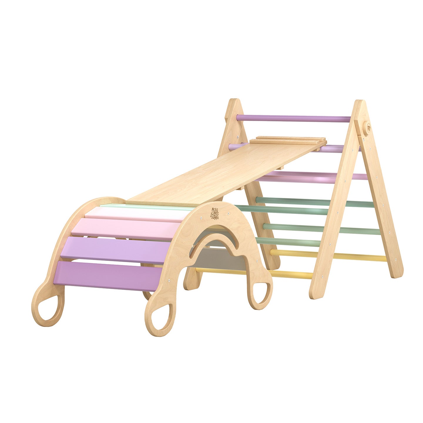 BusyKids Pikler set – driehoek, plank & balanswip – regenboog