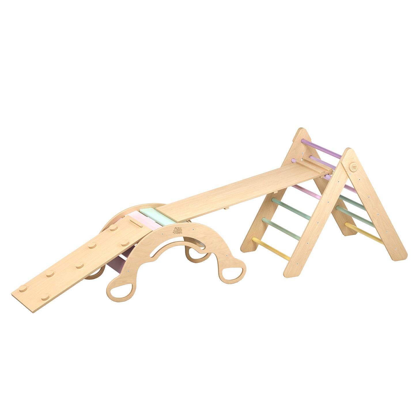 BusyKids Pikler groot set – driehoek, 2 planken & balanswip – regenboog