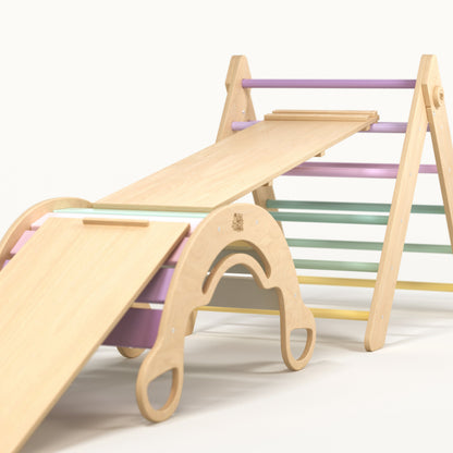 BusyKids Pikler groot set – driehoek, 2 planken & balanswip – regenboog