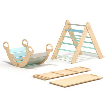 BusyKids Pikler groot set – driehoek, 2 planken & balanswip – regenboog
