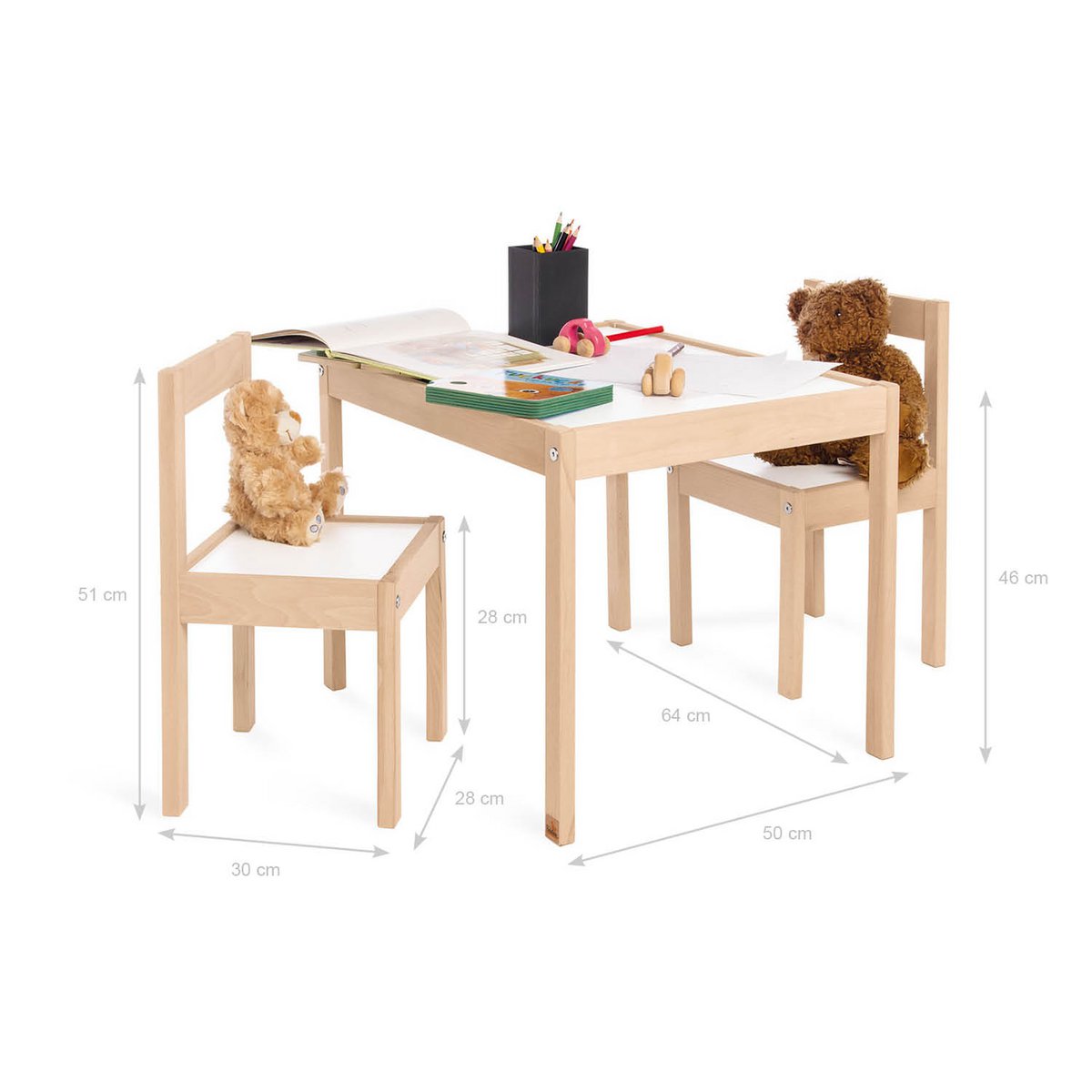 3-delige houten kindertafel met twee stoelen