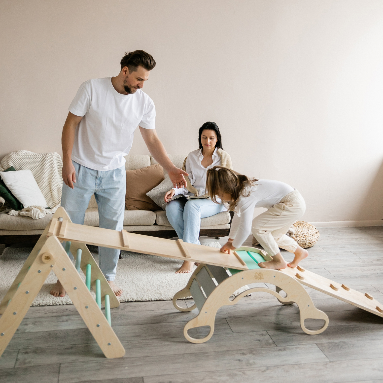 BusyKids Pikler groot set – driehoek, 2 planken & balanswip – regenboog