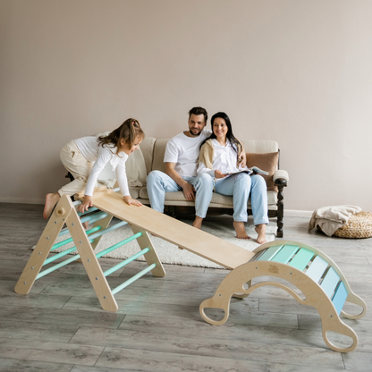 BusyKids Pikler set – driehoek, plank & balanswip – regenboog