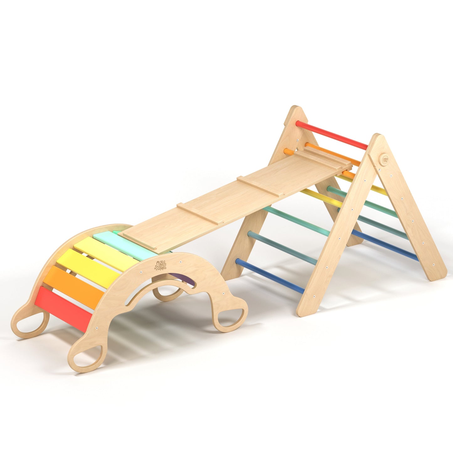 BusyKids Pikler set – driehoek, plank & balanswip – regenboog