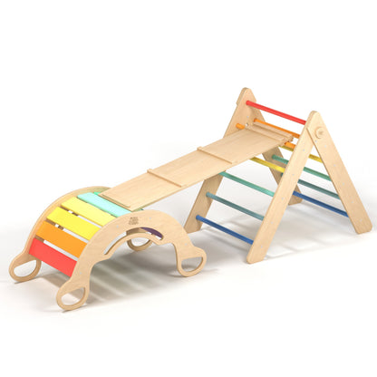 BusyKids Pikler set – driehoek, plank & balanswip – regenboog