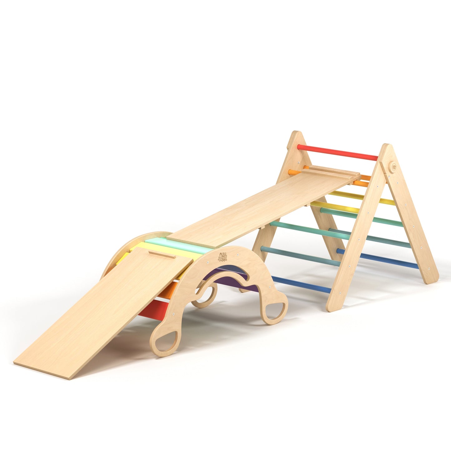 BusyKids Pikler groot set – driehoek, 2 planken & balanswip – regenboog