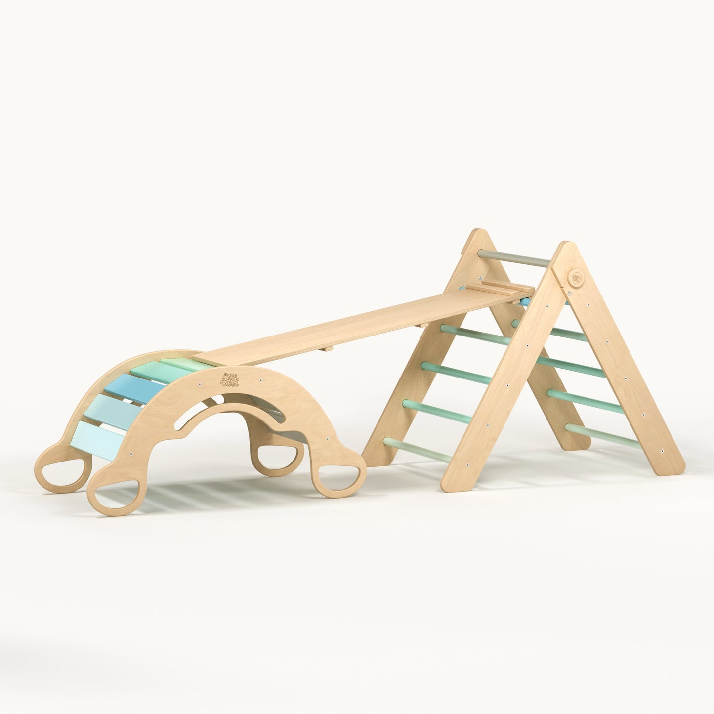 BusyKids Pikler set – driehoek, plank & balanswip – regenboog