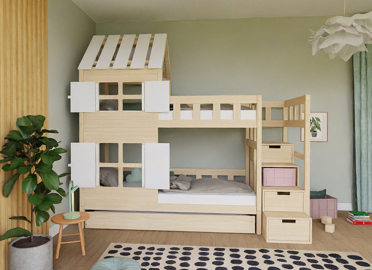 Benlemi COTTAGE stapelbed met half dak in wit en naturel