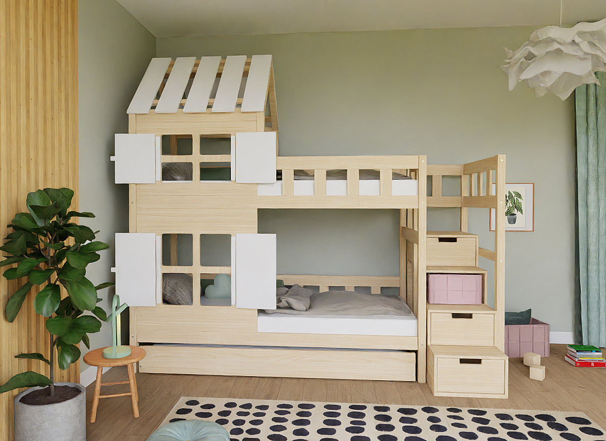 Benlemi COTTAGE stapelbed met half dak in wit en naturel