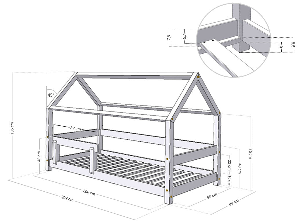 houten huisbed met bedrand