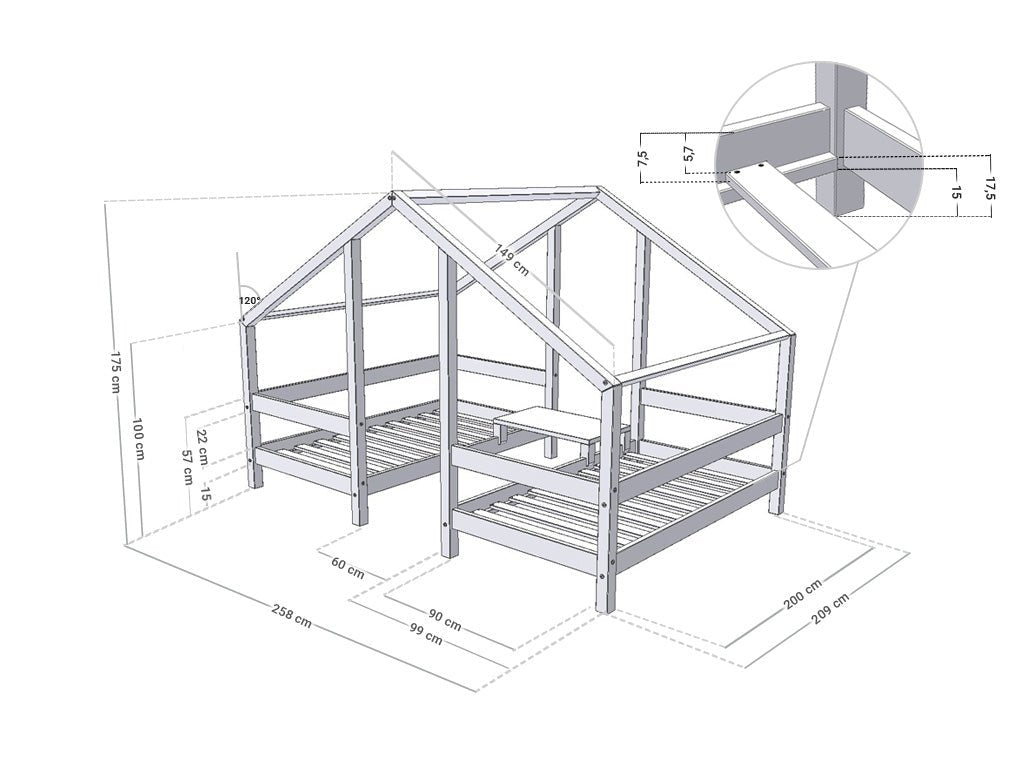 houten huisbed voor twee kinderen