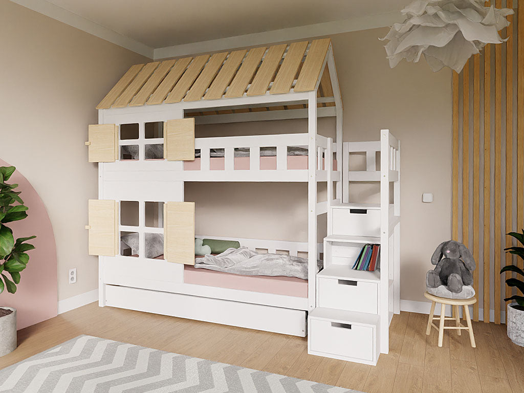 Benlemi stapelbed COTTAGE huisje met dak en opbergtrap