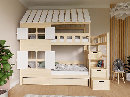 Stapelbed COTTAGE naturel wit met raampjes en luiken