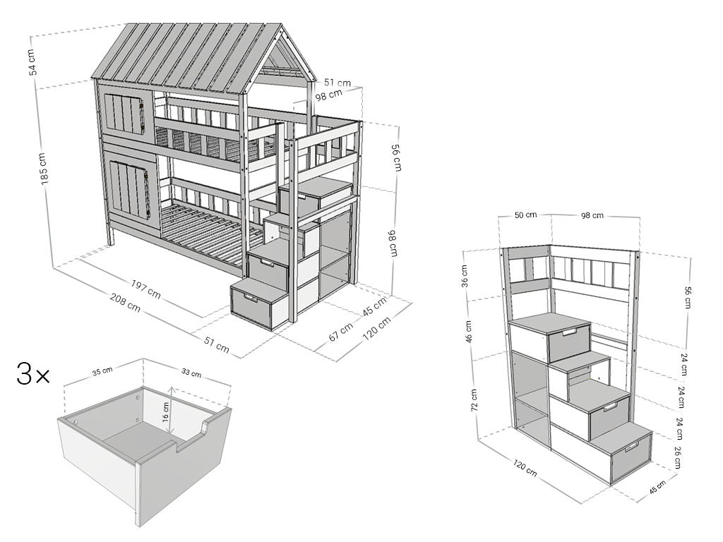 Maatvoering stapelbed COTTAGE met dak