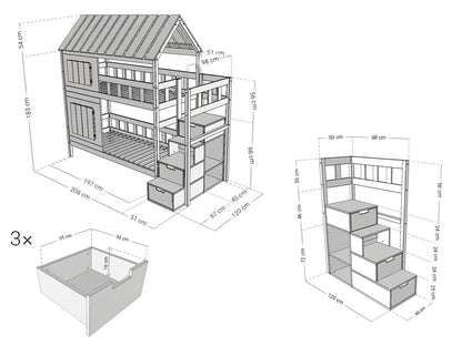 Maatvoering stapelbed COTTAGE met dak