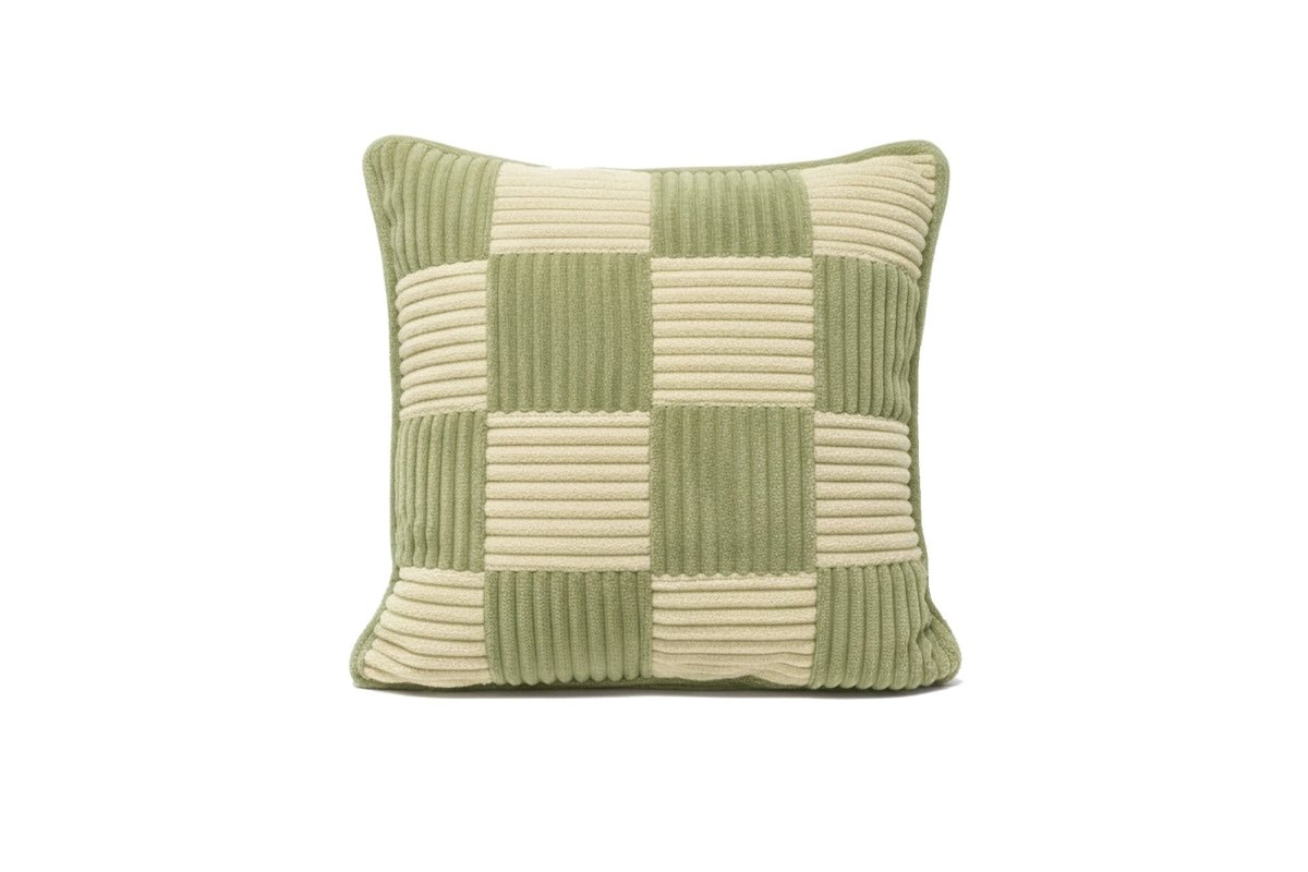 Shappy Check Cushion Matcha Vanilla – geruit ribfluweel kussen