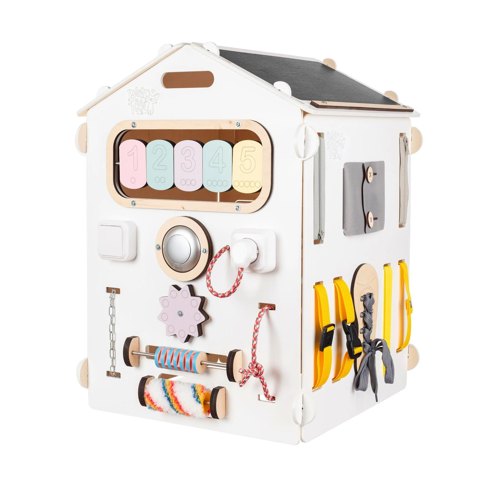 Ensemble BusyKids – Maisonnette Busy Board blanc/pastel avec cube créatif