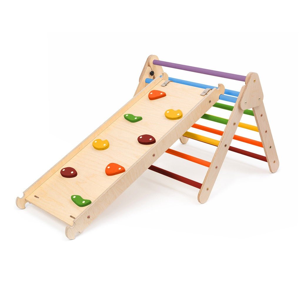 houten Pikler klimdriehoek met klimkubus glijbaan en klimhelling