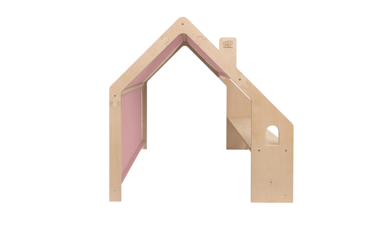 houten speelhuisje naturel met roze dak voor kinderkamer, aanvullende productfoto 3