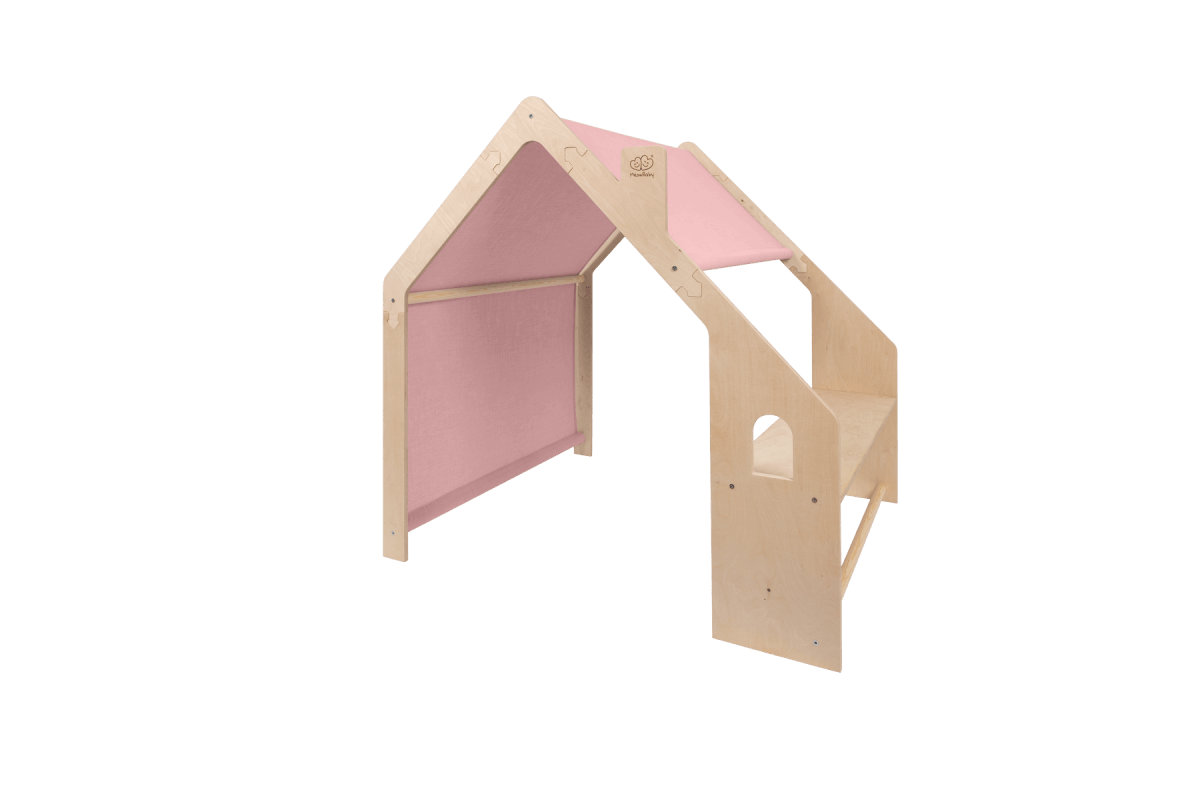 houten speelhuisje naturel met roze dak voor kinderkamer, aanvullende productfoto 2