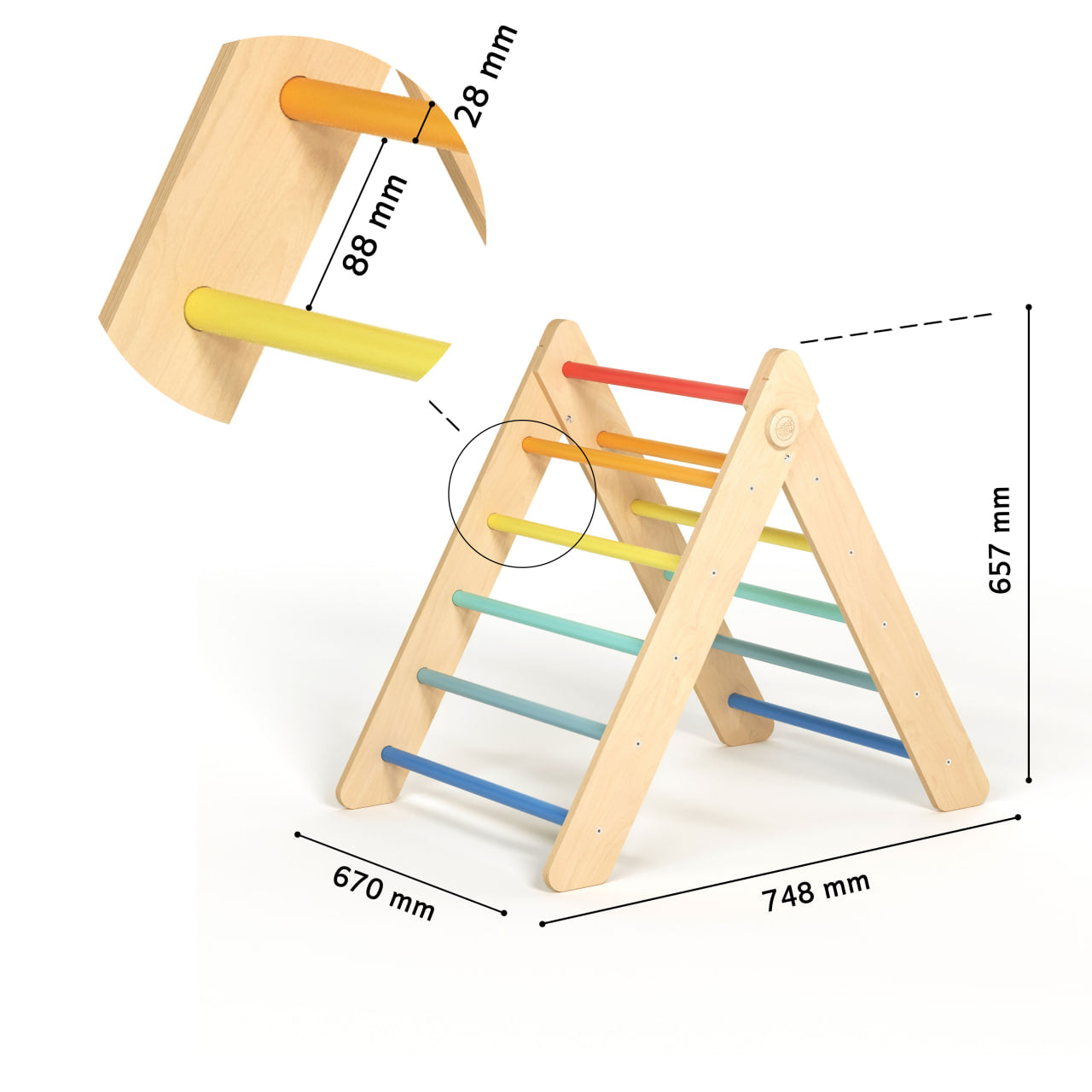 BusyKids Pikler groot set – driehoek, 2 planken & balanswip – regenboog