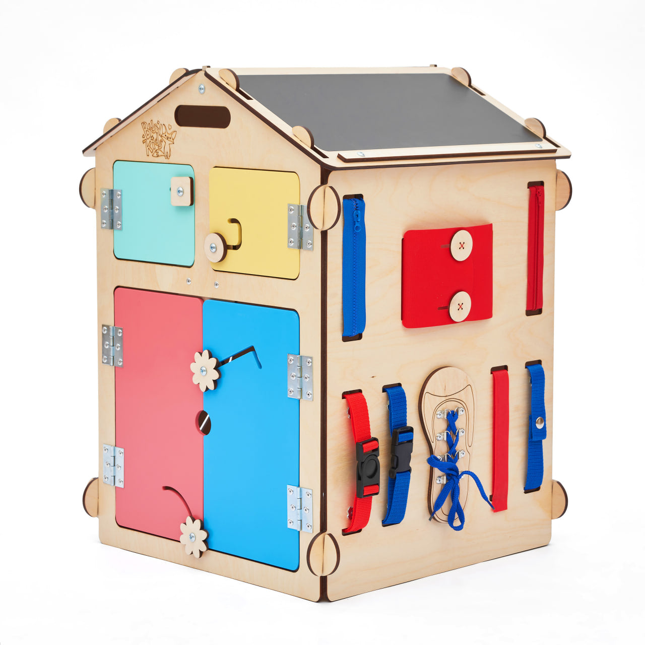 BusyKids set – Busy Board speelhuisje naturel met creatieve kubus