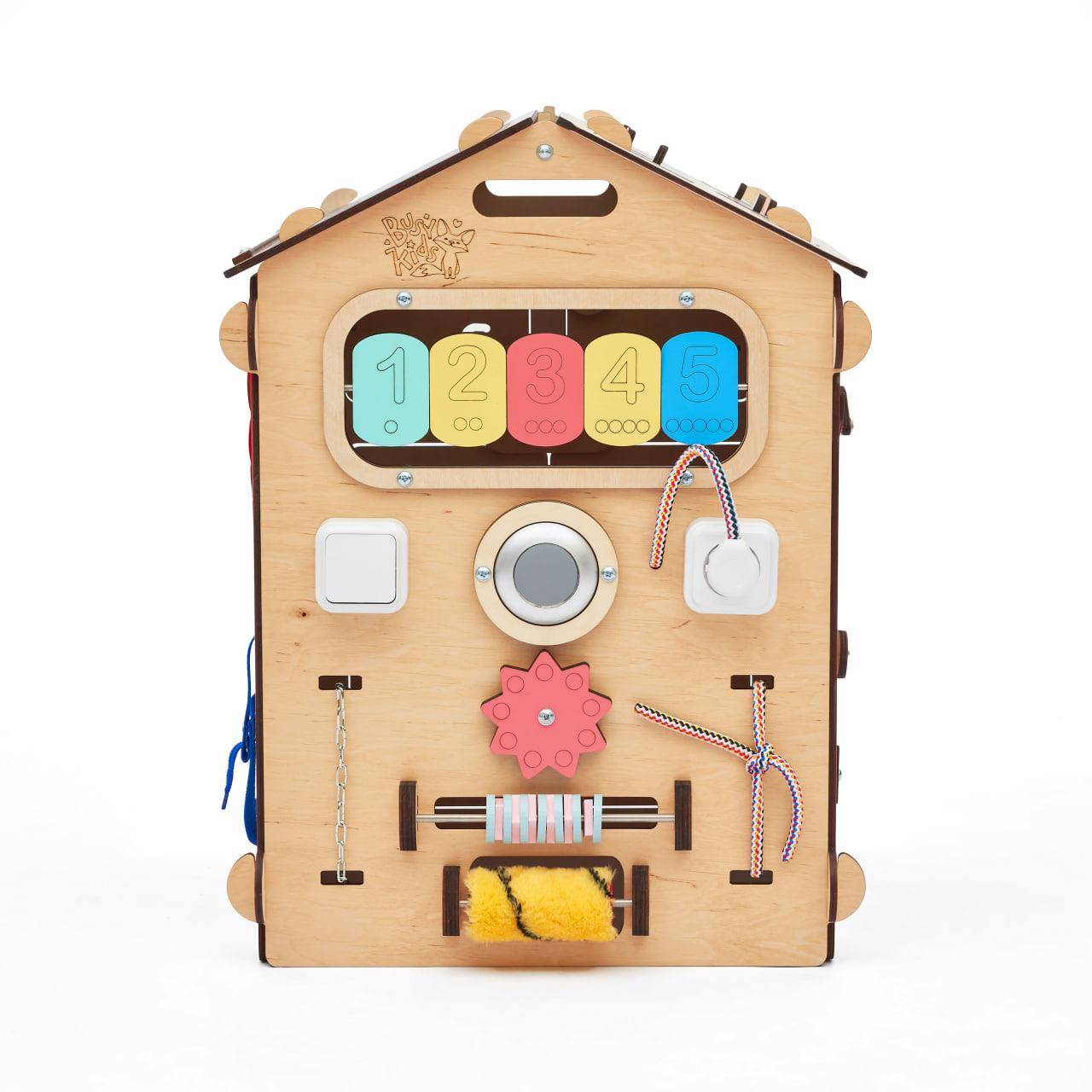 BusyKids set – Busy Board speelhuisje naturel met creatieve kubus