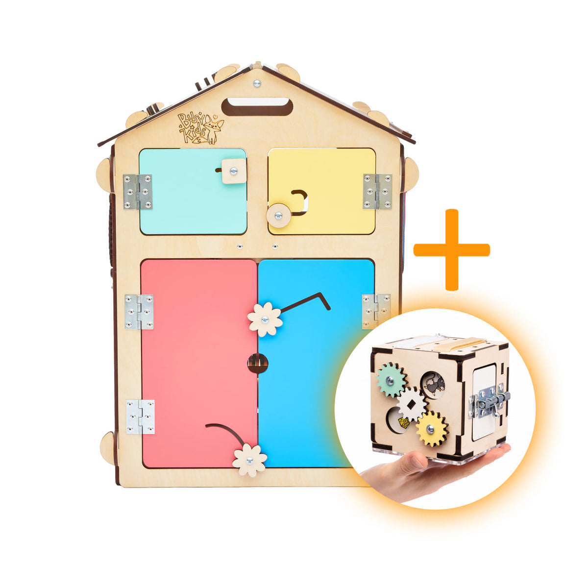 Ensemble BusyKids – Maisonnette Busy Board naturelle avec cube créatif