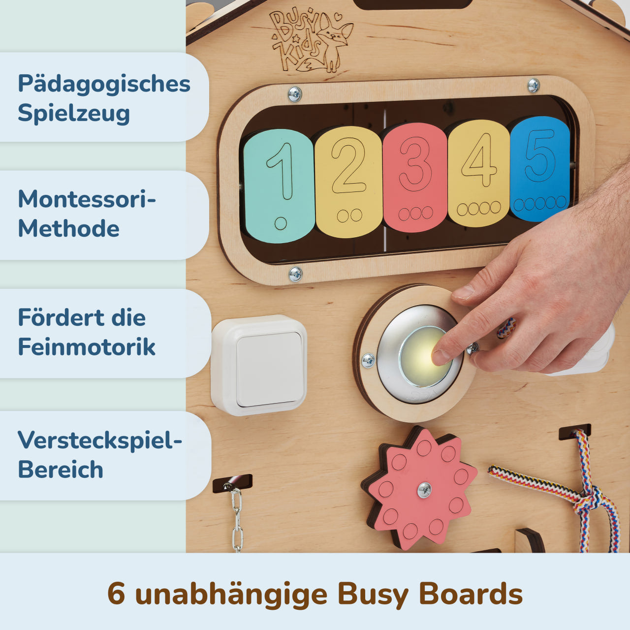 BusyKids set – Busy Board speelhuisje naturel met creatieve kubus