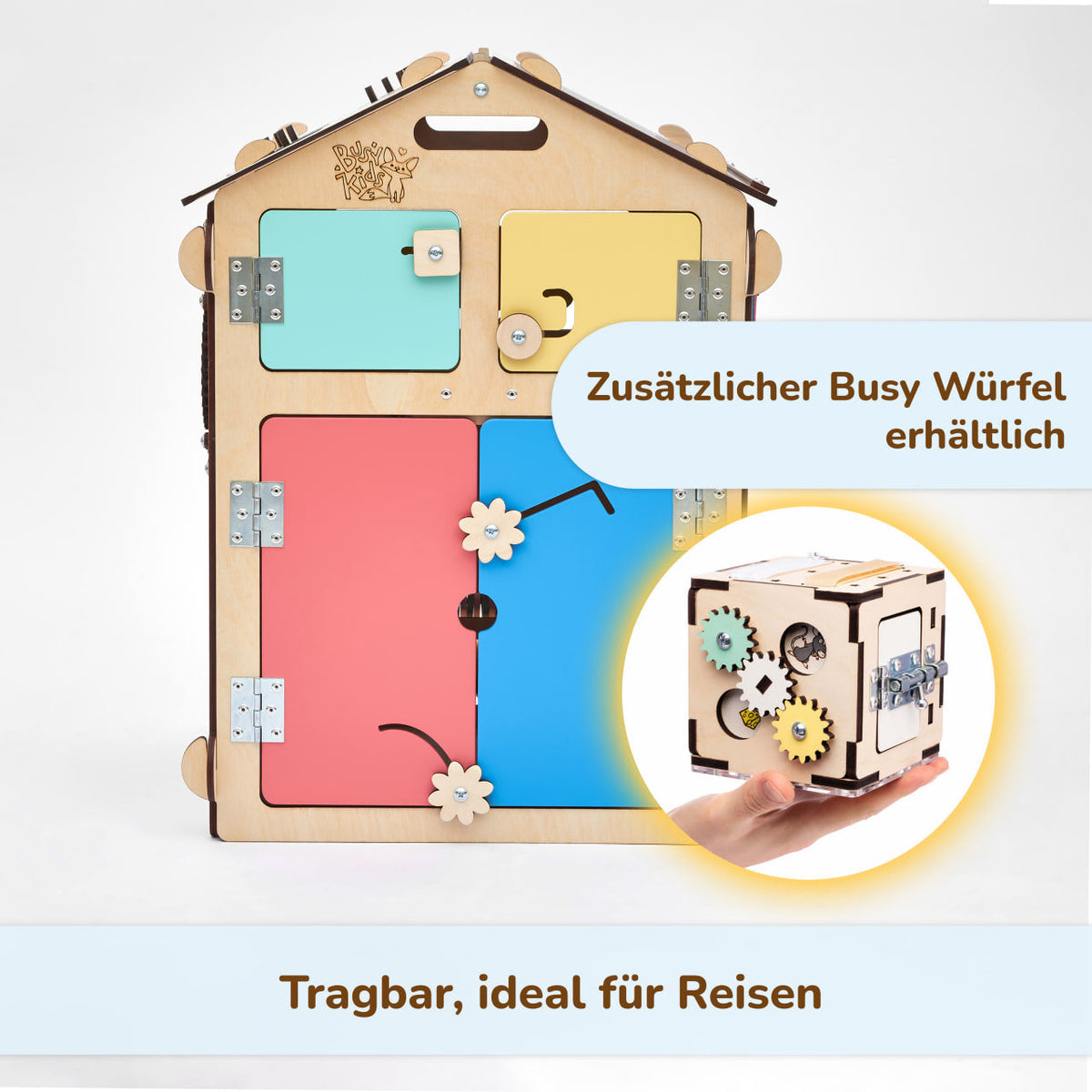 Ensemble BusyKids – Maisonnette Busy Board naturelle avec cube créatif