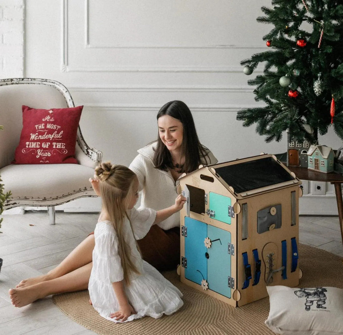 Ensemble BusyKids – Maisonnette Busy Board naturel/menthe avec cube créatif