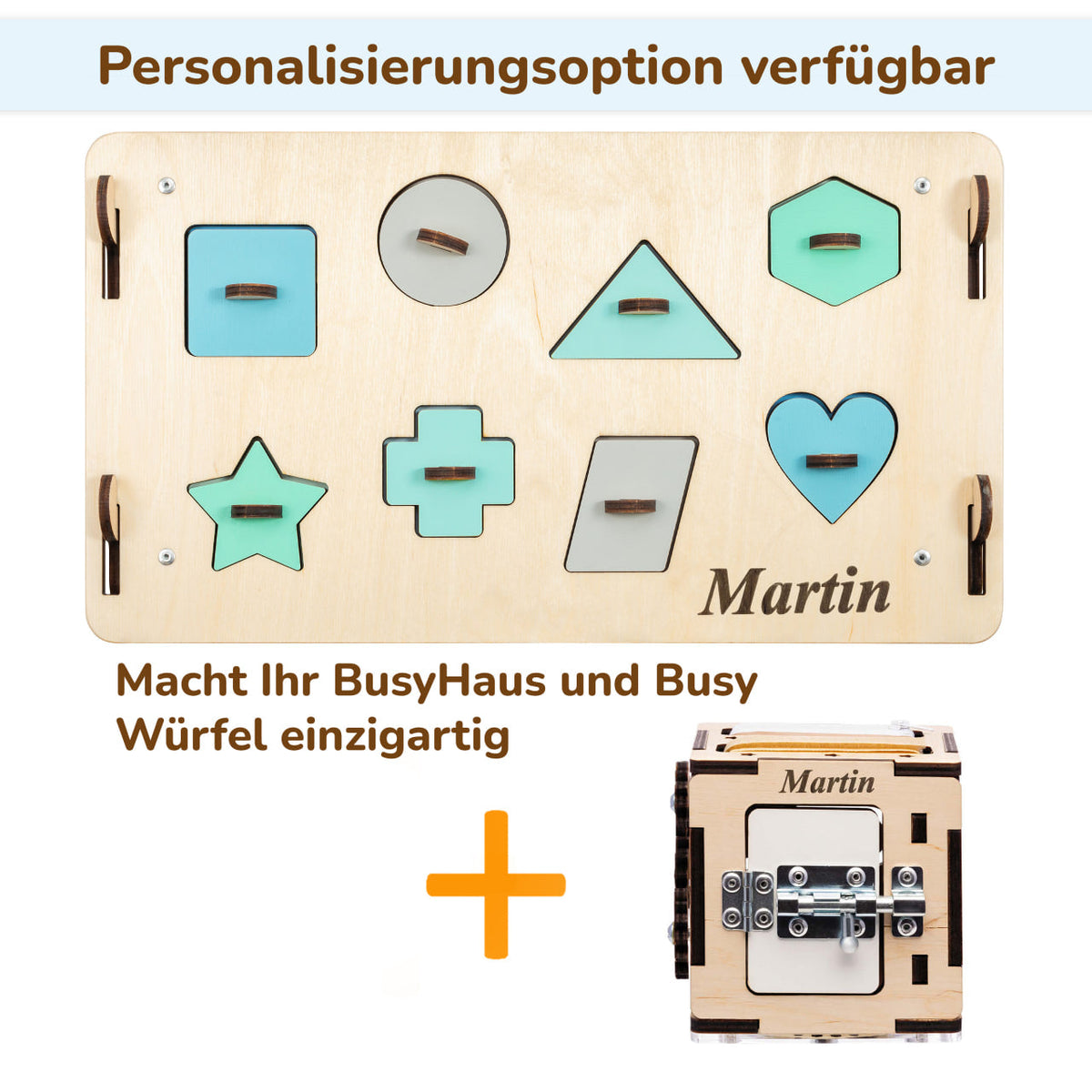 Ensemble BusyKids – Maisonnette Busy Board naturel/menthe avec cube créatif