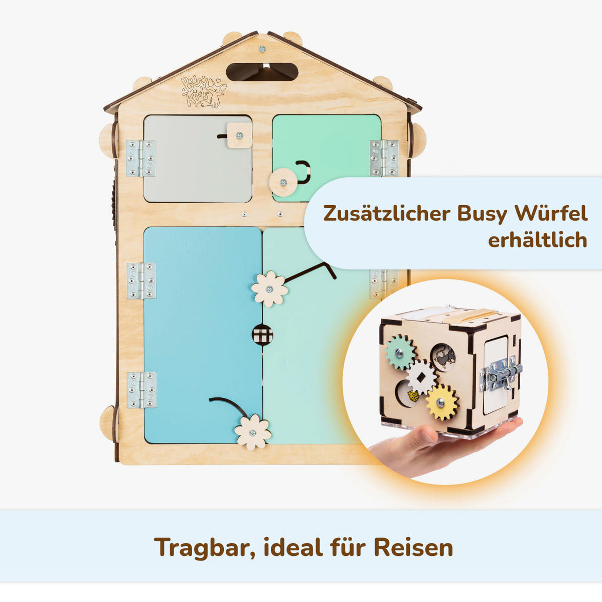 Ensemble BusyKids – Maisonnette Busy Board naturel/menthe avec cube créatif