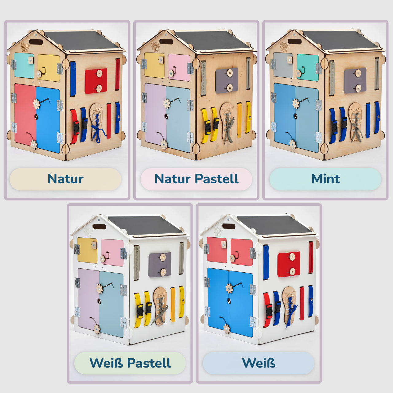 Ensemble BusyKids – Maisonnette Busy Board naturel/pastel avec cube créatif