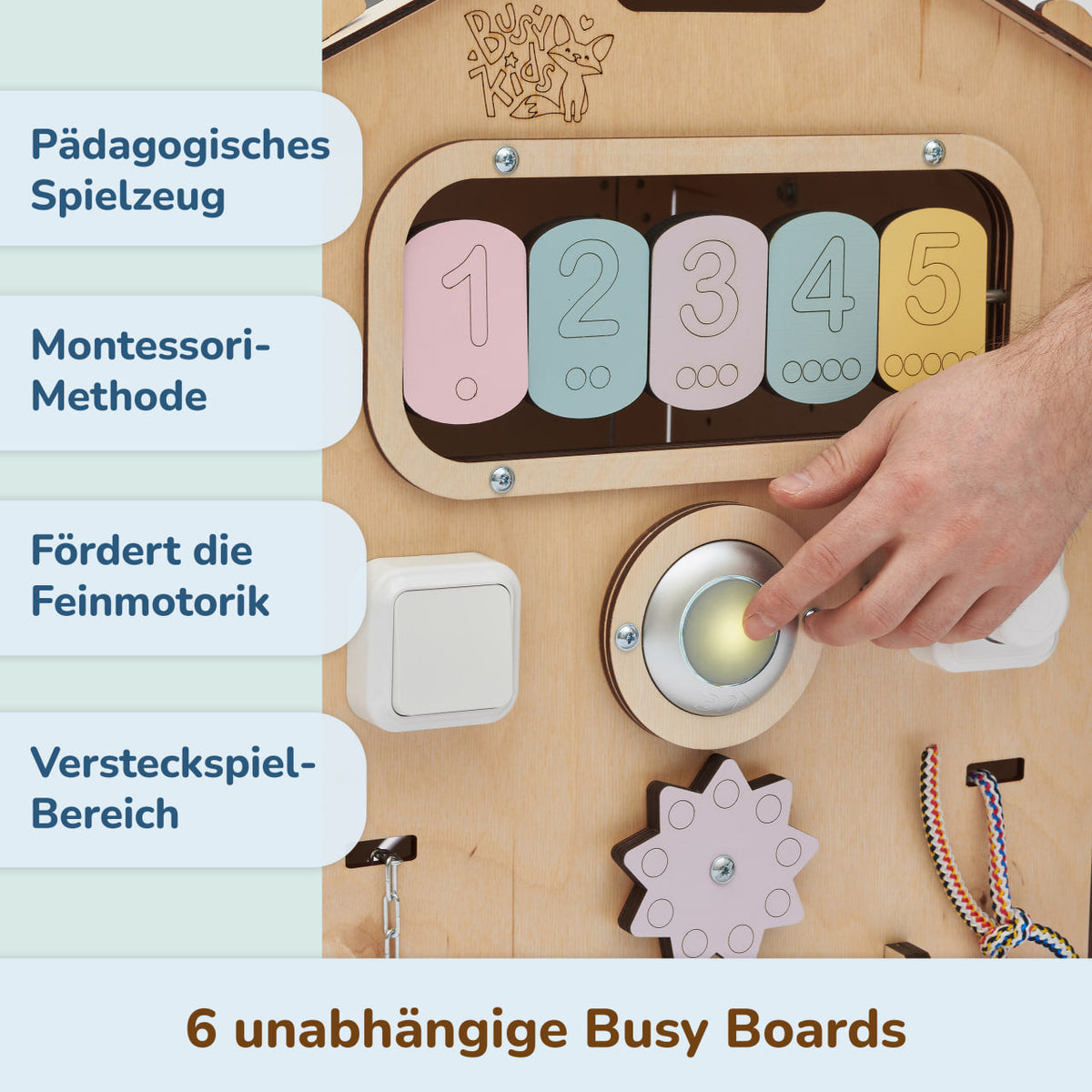 Ensemble BusyKids – Maisonnette Busy Board naturel/pastel avec cube créatif