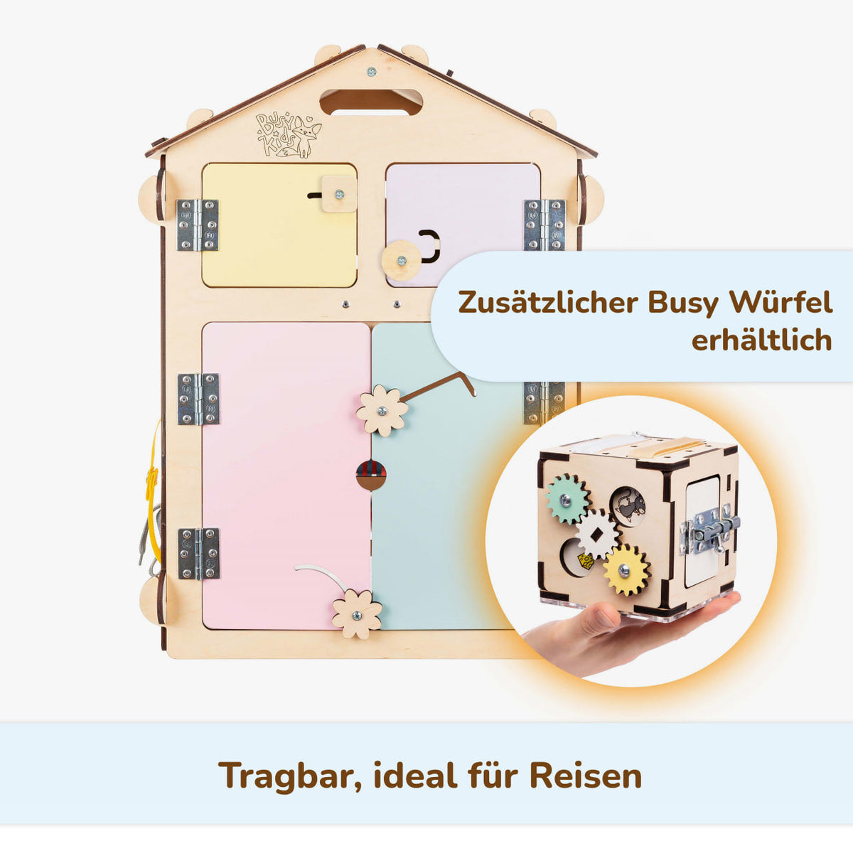 Ensemble BusyKids – Maisonnette Busy Board naturel/pastel avec cube créatif
