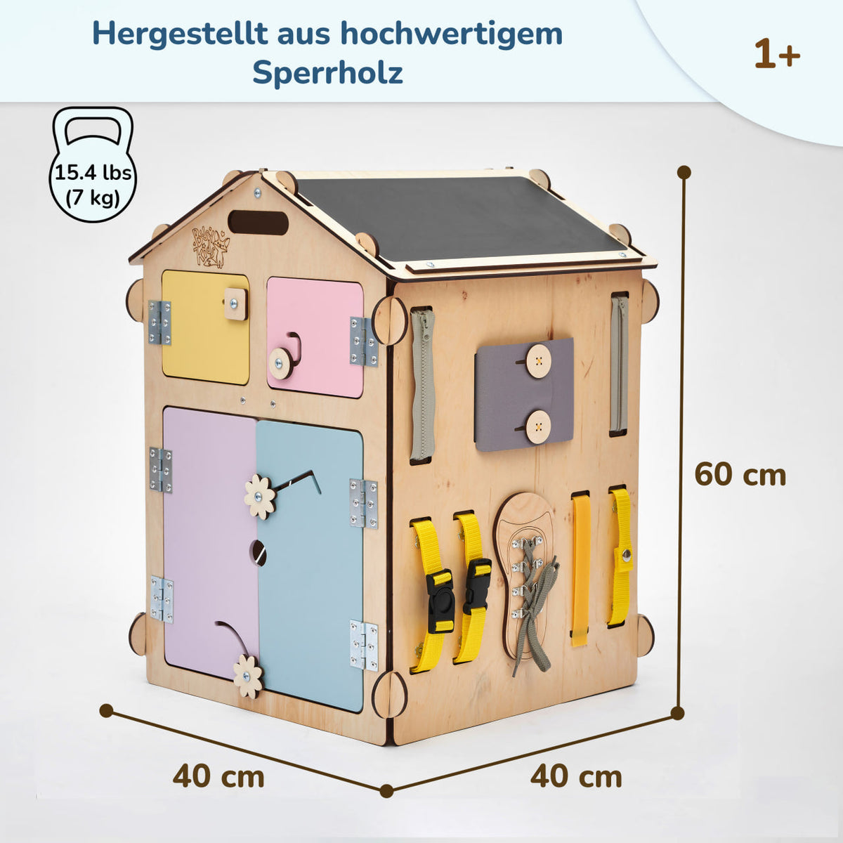 Ensemble BusyKids – Maisonnette Busy Board naturel/pastel avec cube créatif