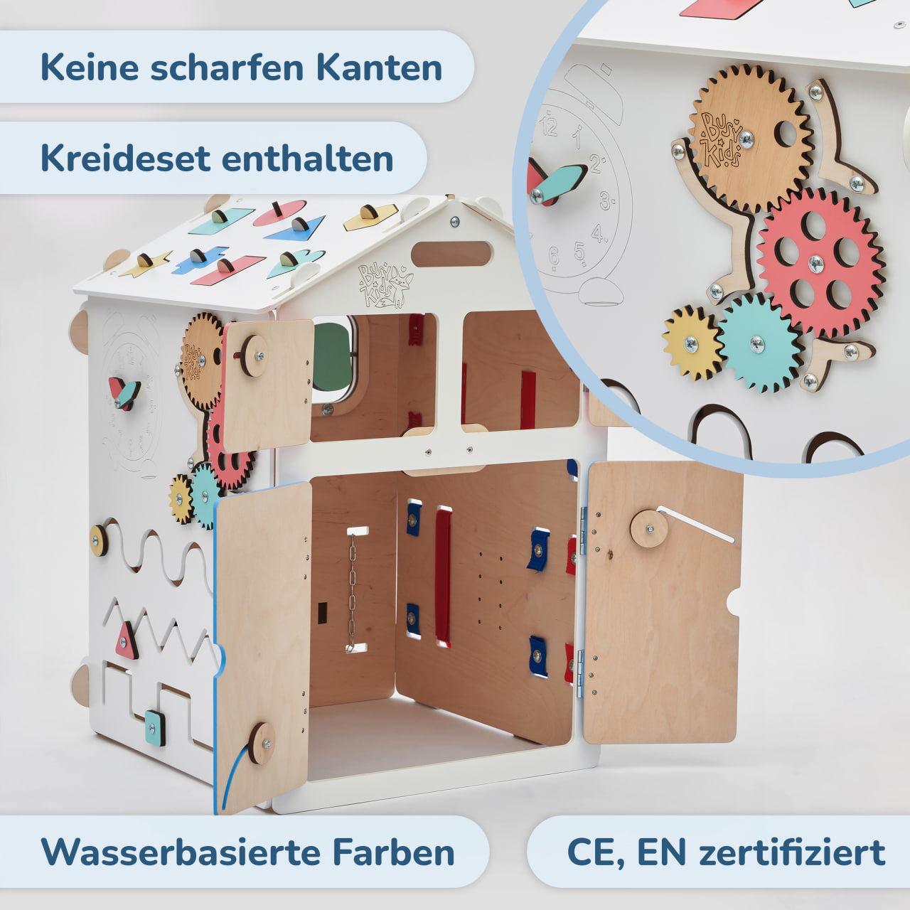 Ensemble BusyKids – Maisonnette Busy Board blanche avec cube créatif