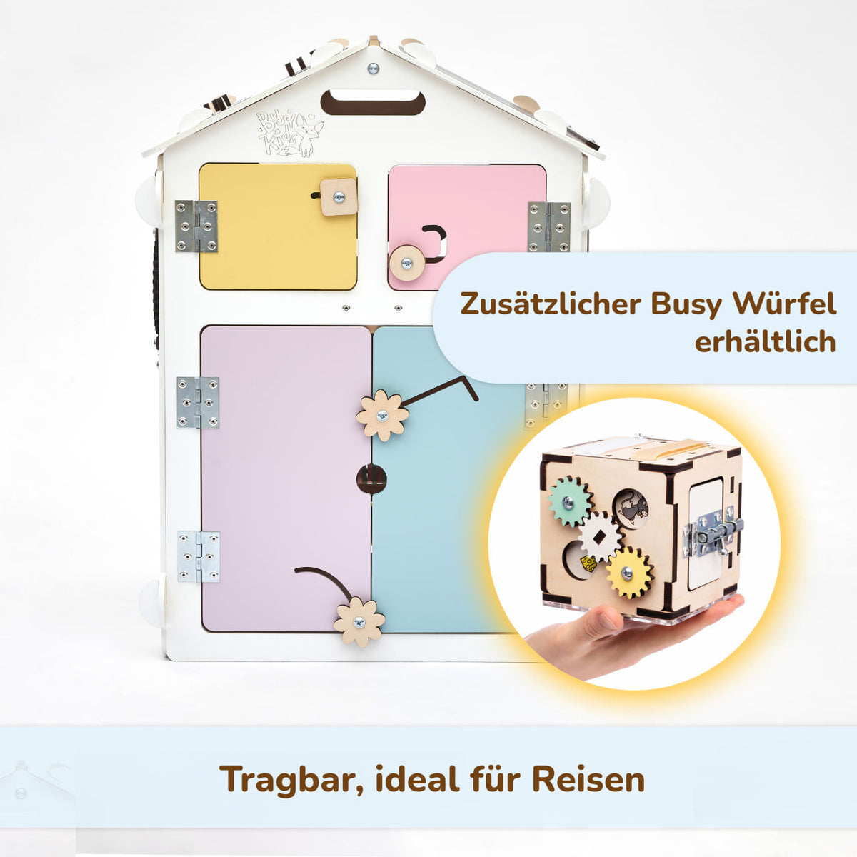 Ensemble BusyKids – Maisonnette Busy Board blanc/pastel avec cube créatif