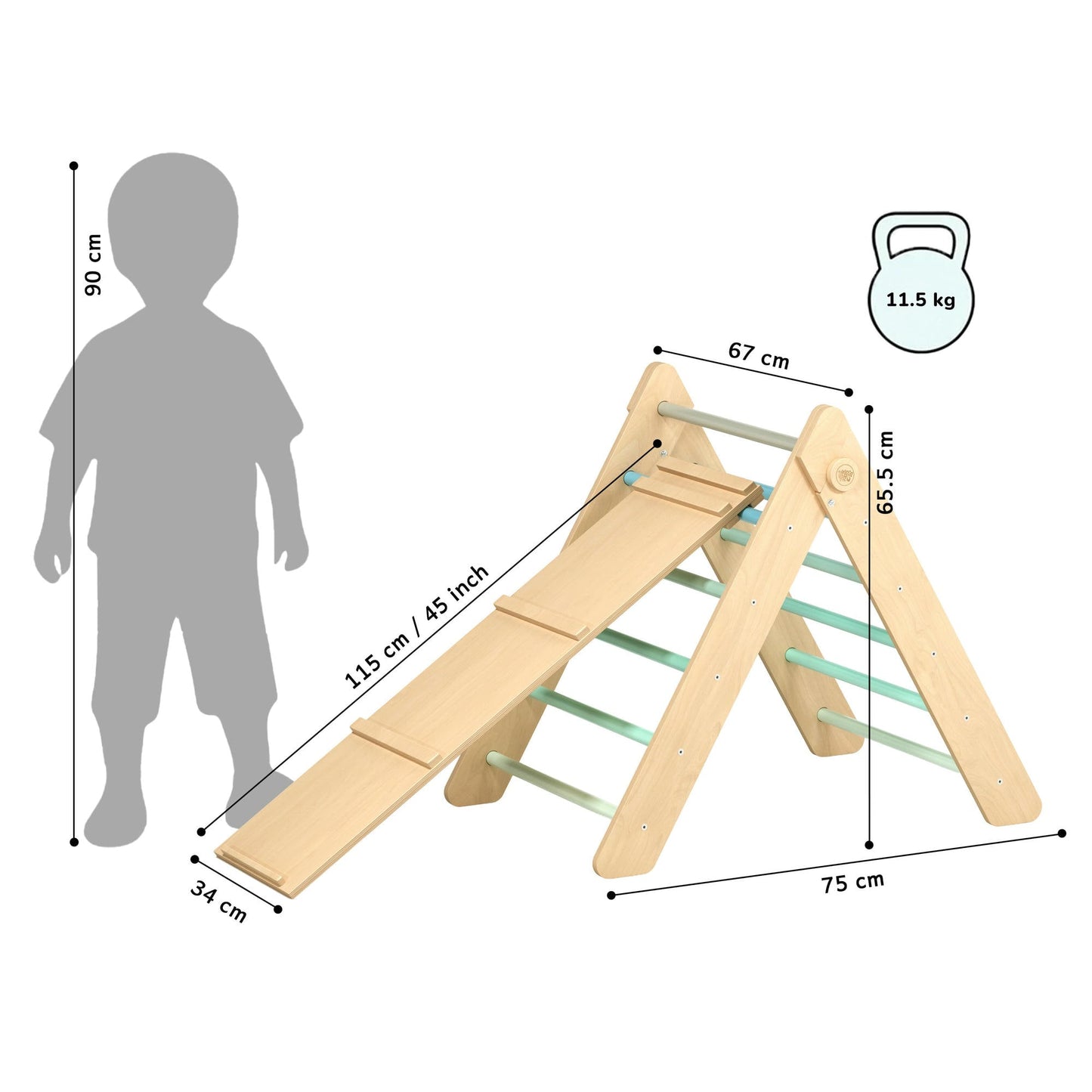 BusyKids Pikler klimdriehoek met plank – regenboog